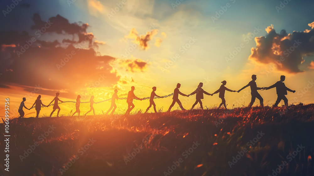 Group of People Forming a Human Chain, Holding Hands Against the Horizon: Concept of Solidarity and Mutual Support