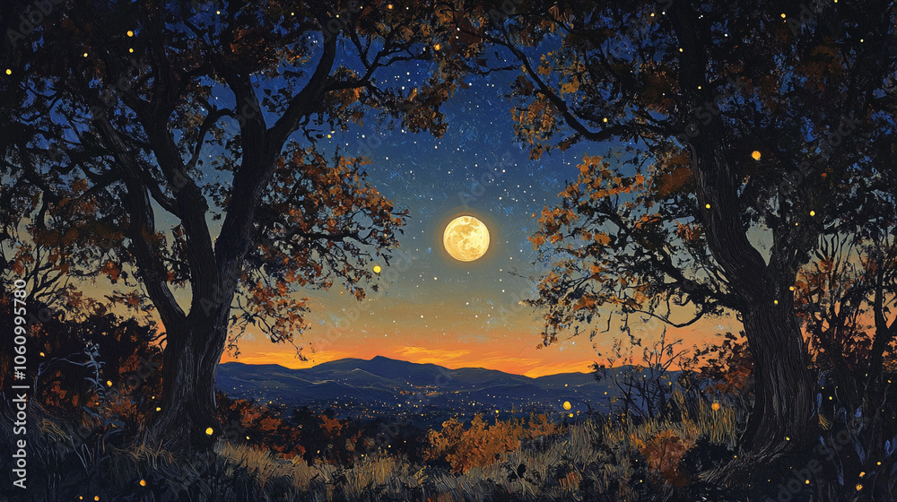 Fototapeta premium Full Moon Night Landscape with Trees and Stars