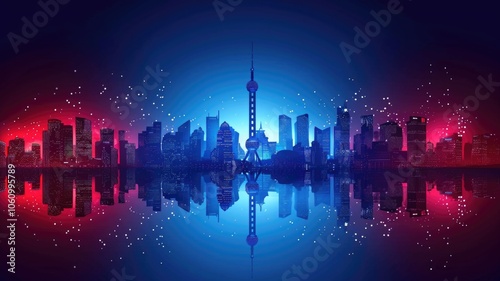 Vibrant shanghai skyline at night with colorful reflections