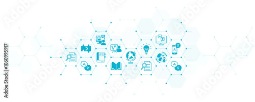 translation and language learning vector illustration. Abstract concept with connected icons showing aspects of international communication, language study or digital translation.