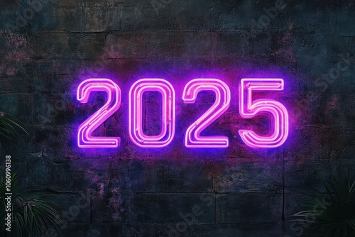 Wallpaper Mural Bright neon sign displaying the year 2025 against a dark textured wall with plant accents Torontodigital.ca