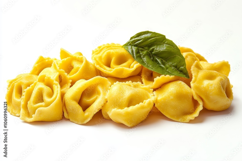 Close-up of fresh, golden tortellini pasta with a sprig of basil on a white background, representing Italian cuisine, homemade pasta, fresh ingredients, culinary artistry, and a simple yet elegant mea Close-up of fresh, golden tortellini pasta with a sprig of basil on a white background, representing Italian cuisine, homemade pasta, fresh ingredients, culinary artistry, and a simple yet elegant mea