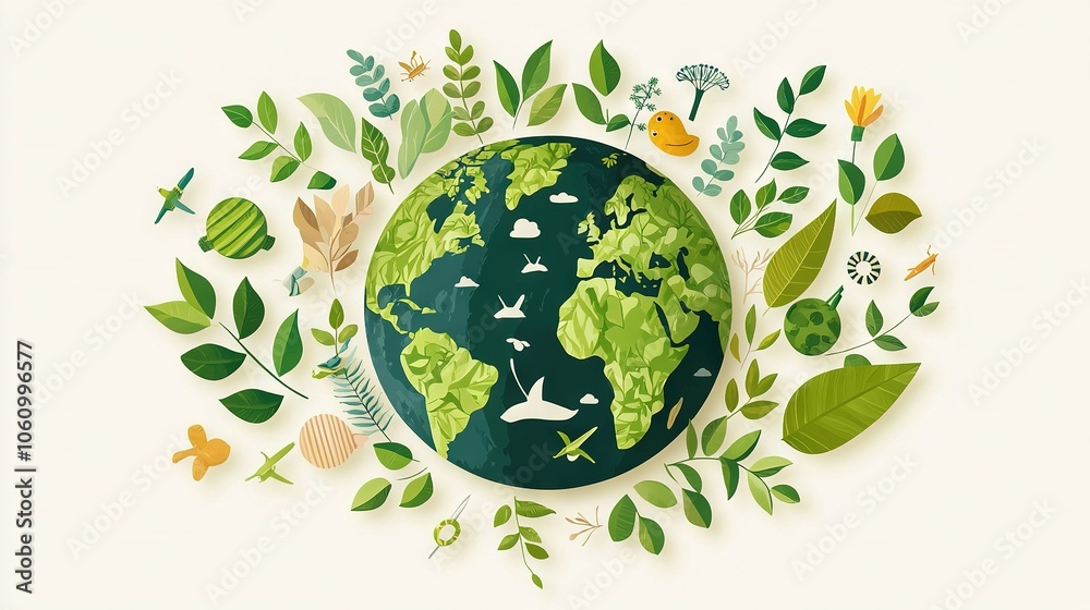 A circular earth cutout surrounded by leaf-shaped foliage A circular earth cutout surrounded by leaf-shaped foliage