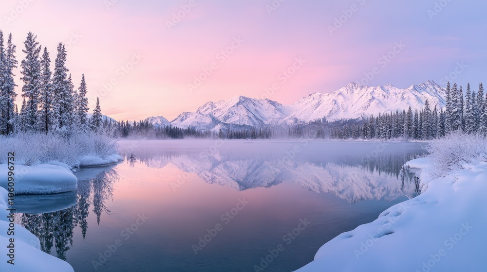 Discover Tranquility in a Snow-Covered Mountain Lake at Dawn Discover Tranquility in a Snow-Covered Mountain Lake at Dawn