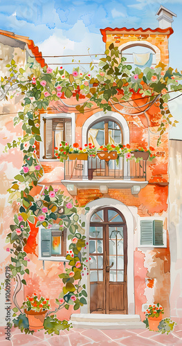 Appreciate the charm of a Mediterranean house with beautiful flowers on the balcony, rustic doors, and warmcolored facade. Perfect for travel and architecture enthusiasts