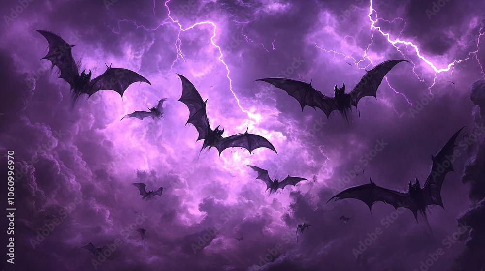 Fototapeta premium Bats Flying Through Stormy Sky Halloween Dark Night Scary Fantasy Nature Purple Cl