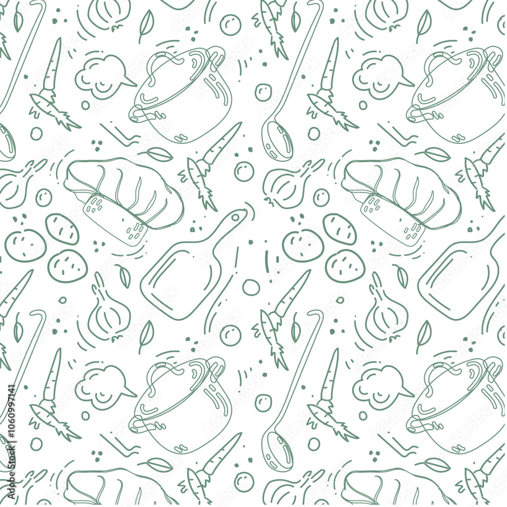 Kitchen pattern with chef's hat, kitchen pot, ladle and vegetables. Vector seamless background. For menu, postcard, restaurants, textile, design Kitchen pattern with chef's hat, kitchen pot, ladle and vegetables. Vector seamless background. For menu, postcard, restaurants, textile, design