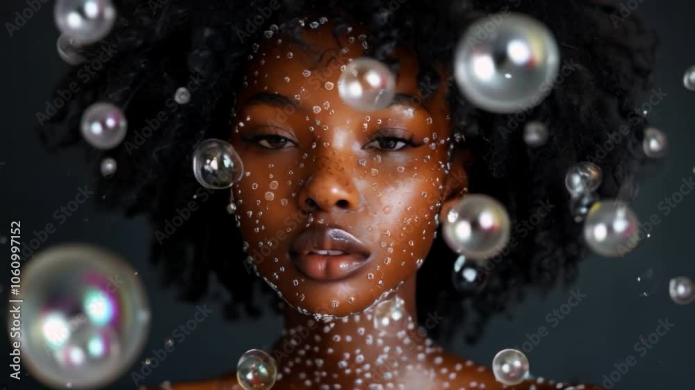 A contemplative woman gazes through a mesmerizing cascade of floating bubbles, creating an ethereal and dreamlike atmosphere. The captivating scene conveys tranquility and introspection. A contemplative woman gazes through a mesmerizing cascade of floating bubbles, creating an ethereal and dreamlike atmosphere. The captivating scene conveys tranquility and introspection.