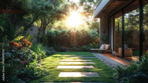 A modern house with a lush green garden, a patio, and a pathway leading to the backyard. The sun is setting in the background, casting a warm glow over the scene.