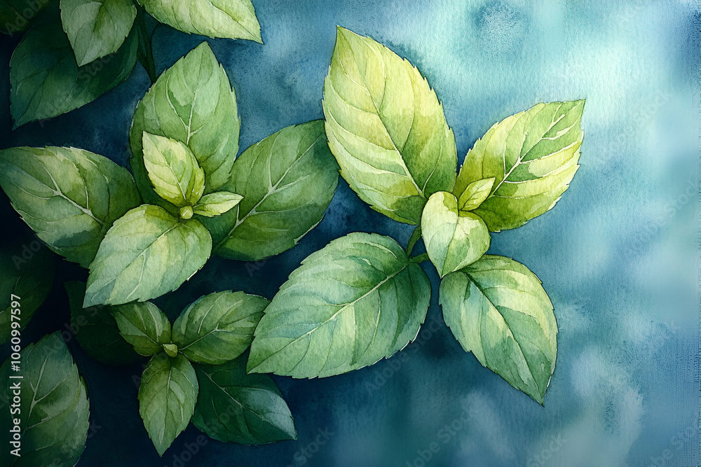 A vibrant array of fresh green mint leaves against a soft blue background, highlighting the natural beauty of botanical elements. A vibrant array of fresh green mint leaves against a soft blue background, highlighting the natural beauty of botanical elements.