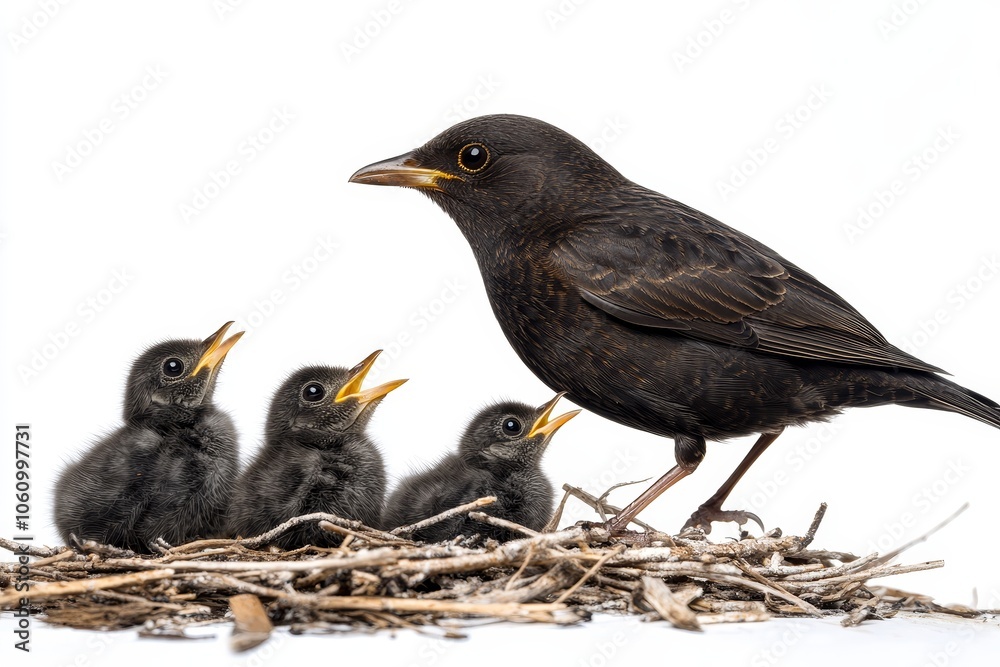 Fototapeta premium A blackbird mother standing near a nest of three hungry chicks, feeding them with her beak. The chicks are all beaking open, their beaks yellow and open, symbolizing their hunger and need for care. Th