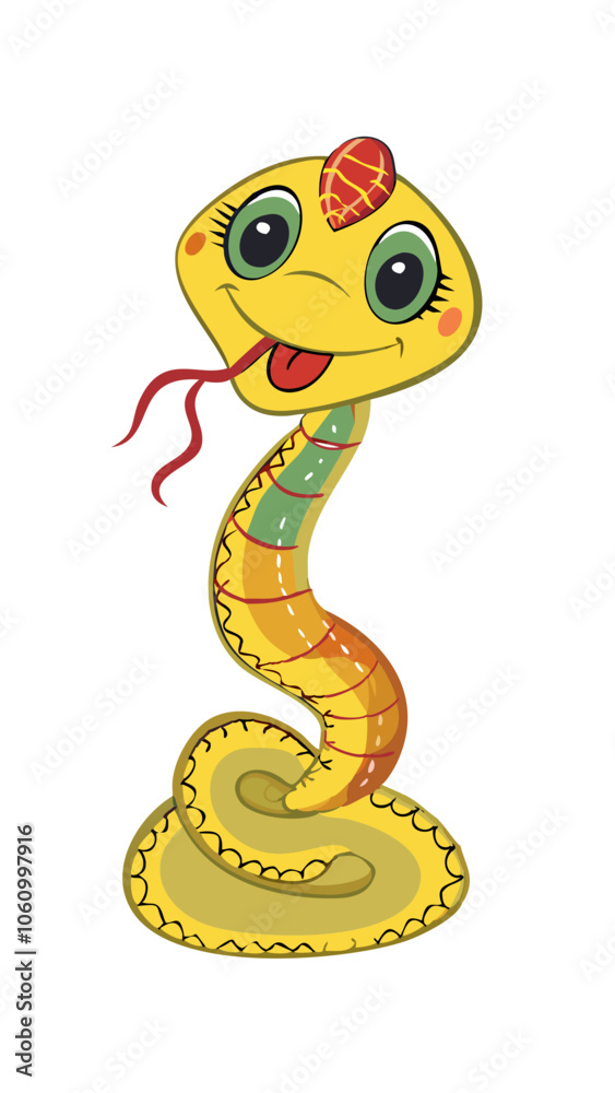 Fototapeta premium Playful cartoon snake character with a yellow body and colorful patterns, smiling on a white background