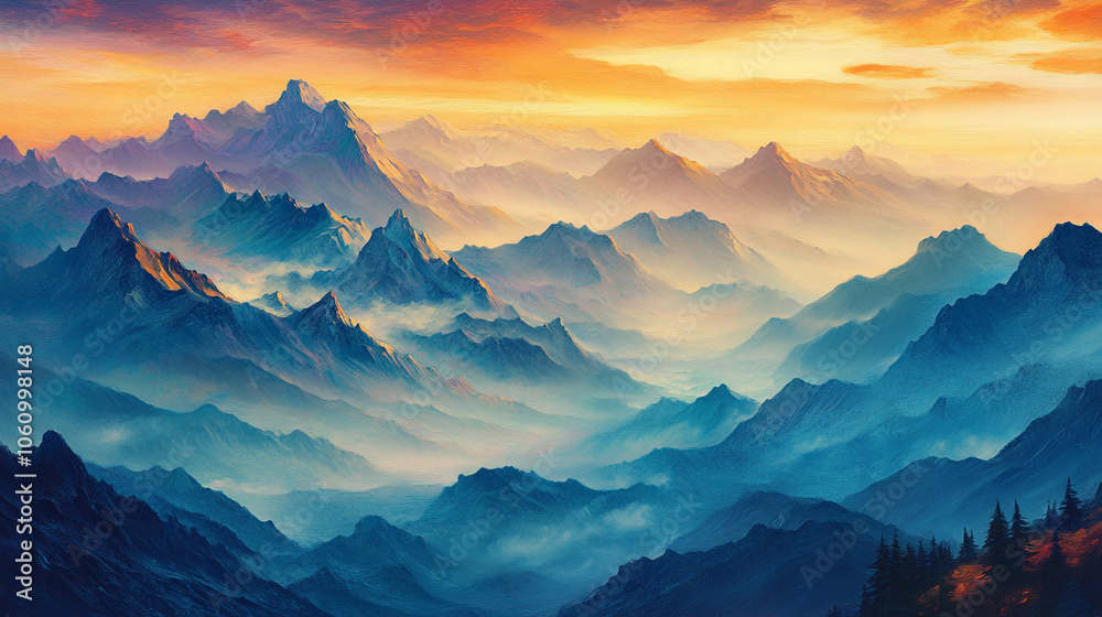 Majestic Mountain Range at Sunset with Fog and Trees Majestic Mountain Range at Sunset with Fog and Trees