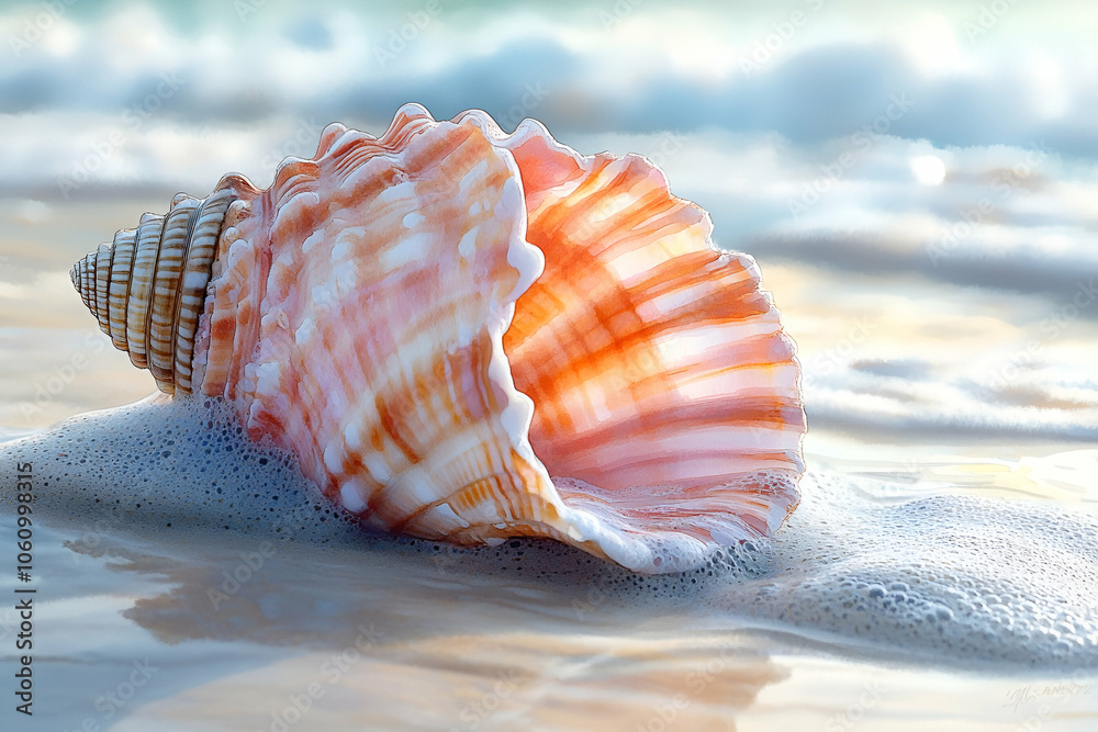 A close-up of a colorful seashell partially submerged in foamy beach sand, capturing the tranquil beauty of coastal scenery. A close-up of a colorful seashell partially submerged in foamy beach sand, capturing the tranquil beauty of coastal scenery.