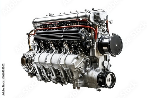 A powerful inline-4 engine, showcasing its intricate design, chrome accents, and mechanical components. This isolated image is perfect for automotive, engineering, and technology projects.