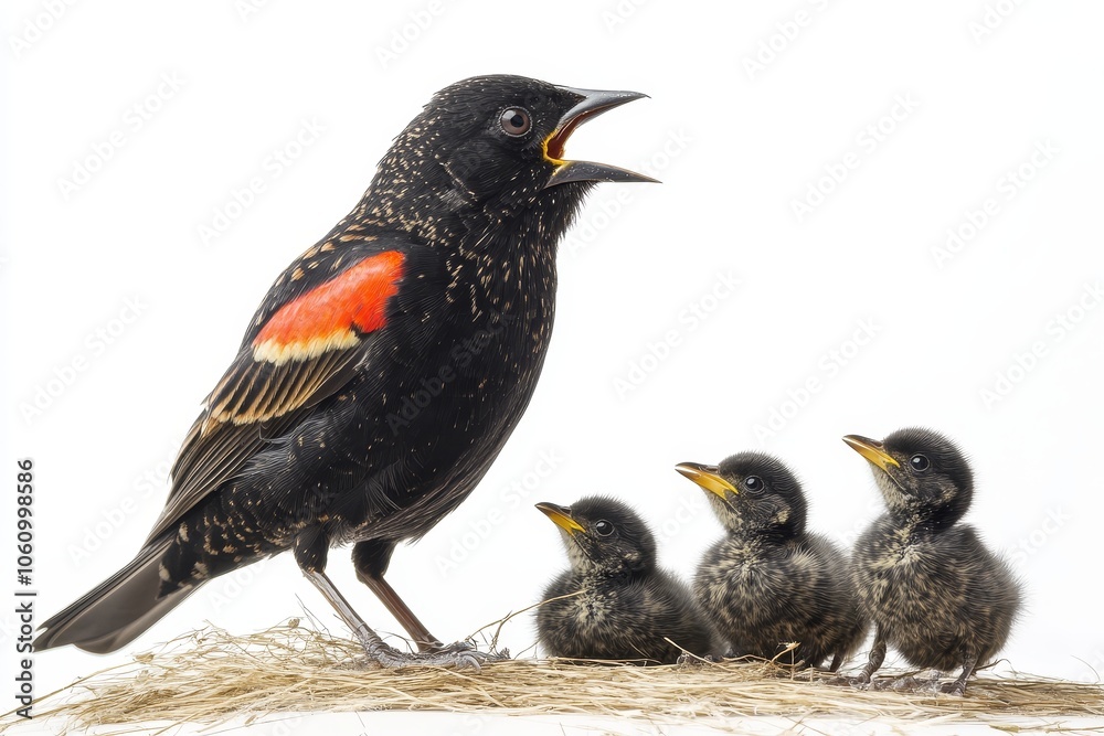 A red-winged blackbird mother feeds her three young chicks in a nest, symbolizing motherhood, nature, care, family, and wildlife. A red-winged blackbird mother feeds her three young chicks in a nest, symbolizing motherhood, nature, care, family, and wildlife.