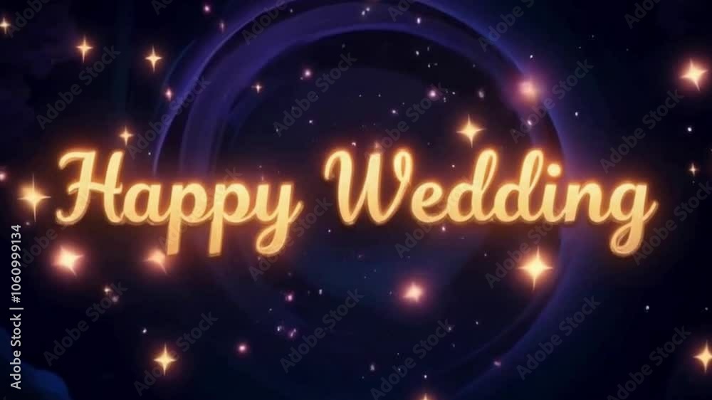 elegant gold script for happy wedding animation, twinkling stars and swirling galaxy background, soft glow effect for romantic wedding design, enchanting visuals featuring happy wedding message elegant gold script for happy wedding animation, twinkling stars and swirling galaxy background, soft glow effect for romantic wedding design, enchanting visuals featuring happy wedding message
