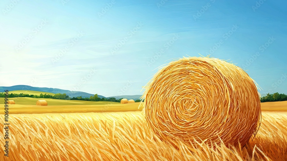 A stunning painting of a verdant hayfield, featuring a prominent bale of hay in the foreground and majestic mountains in the distance A stunning painting of a verdant hayfield, featuring a prominent bale of hay in the foreground and majestic mountains in the distance