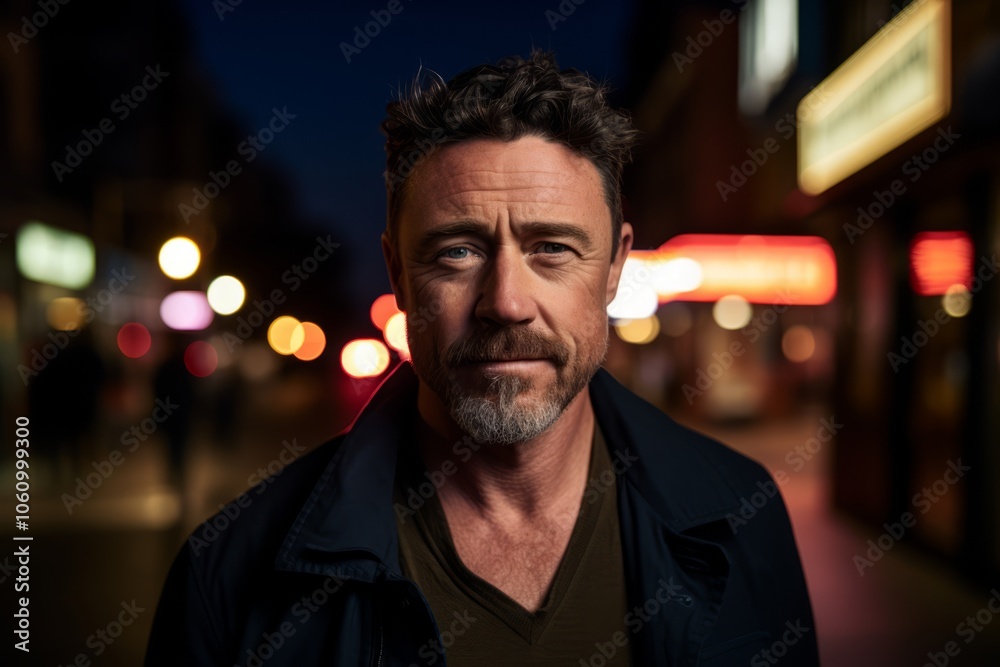 Portrait of a handsome middle-aged man with a beard on a night city street. Portrait of a handsome middle-aged man with a beard on a night city street.
