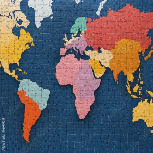 Colorful world map puzzle with continents divided by color.