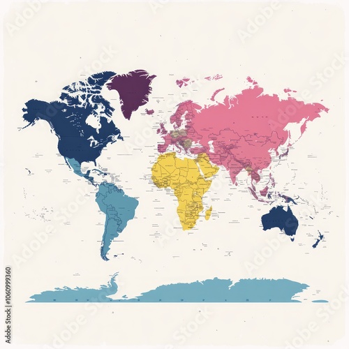 Colorful World Map with Continents Divided into Regions.