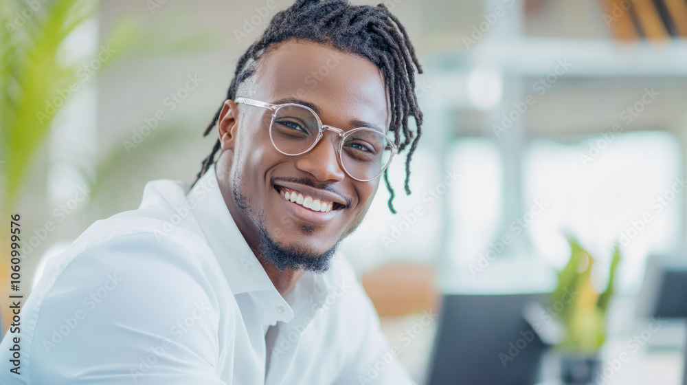 Fototapeta premium Businessman with dreadlocks smiling at his desk in a modern office environment. Generative AI