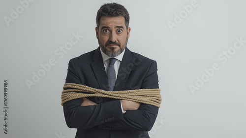 Businessman in suit tied with rope, concept of stress, challenges, or constraints in professional life, worried expression photo