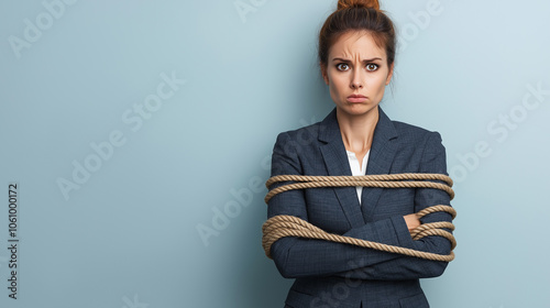 Worried businesswoman tied with rope, workplace stress, challenges, feeling constrained, concept of professional struggle and limitation