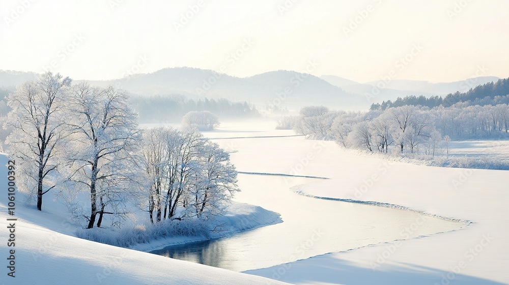 A river runs through a snow-covered forest, surrounded by hills and towering trees A river runs through a snow-covered forest, surrounded by hills and towering trees
