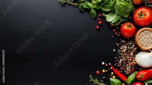 Fresh Ingredients for Healthy Cooking on a Dark Background, with copy space for text