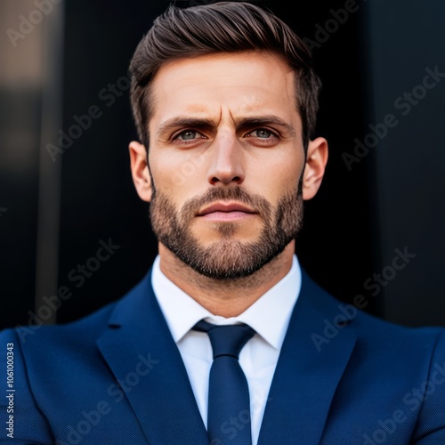 Confident businessman in blue suit looking directly at the camera.