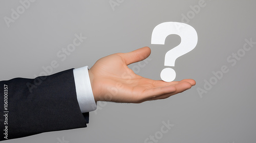 Hand holding question mark, symbolizing uncertainty, inquiry, or curiosity in business and life, minimalistic concept