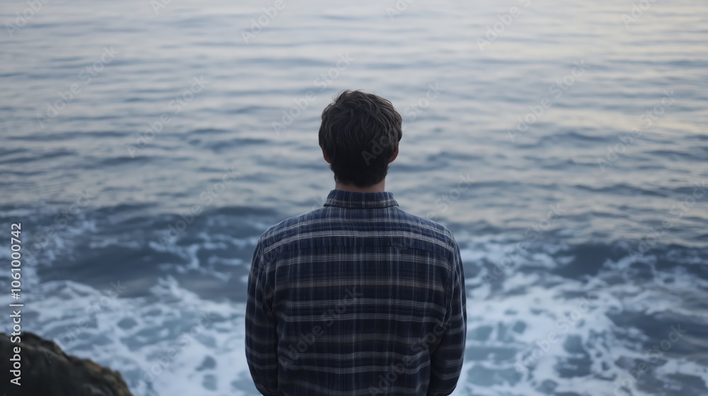 A man wearing a plaid shirt stands and gazes out over the ocean A man wearing a plaid shirt stands and gazes out over the ocean