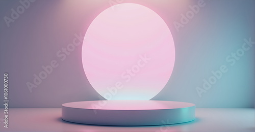 A pastel circular podium with vibrant pink and blue gradient tones,illuminated by soft,diffused light. Clean, modern aesthetic, vibrant colors, and minimalistic design, scene for products.