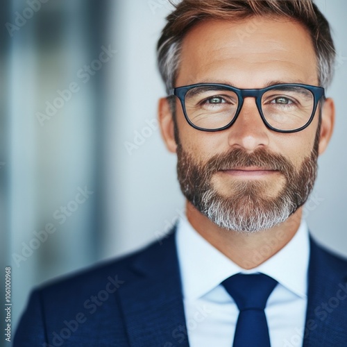 Confident businessman with glasses and beard looking directly at the camera.