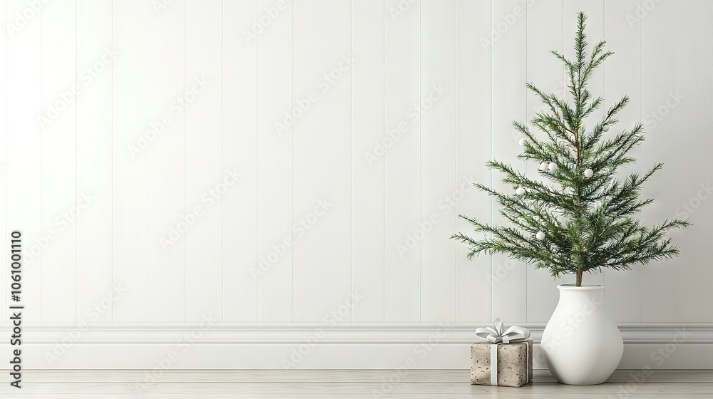A small Christmas tree in a white vase on a wooden floor beside another small Christmas tree in a white vase A small Christmas tree in a white vase on a wooden floor beside another small Christmas tree in a white vase