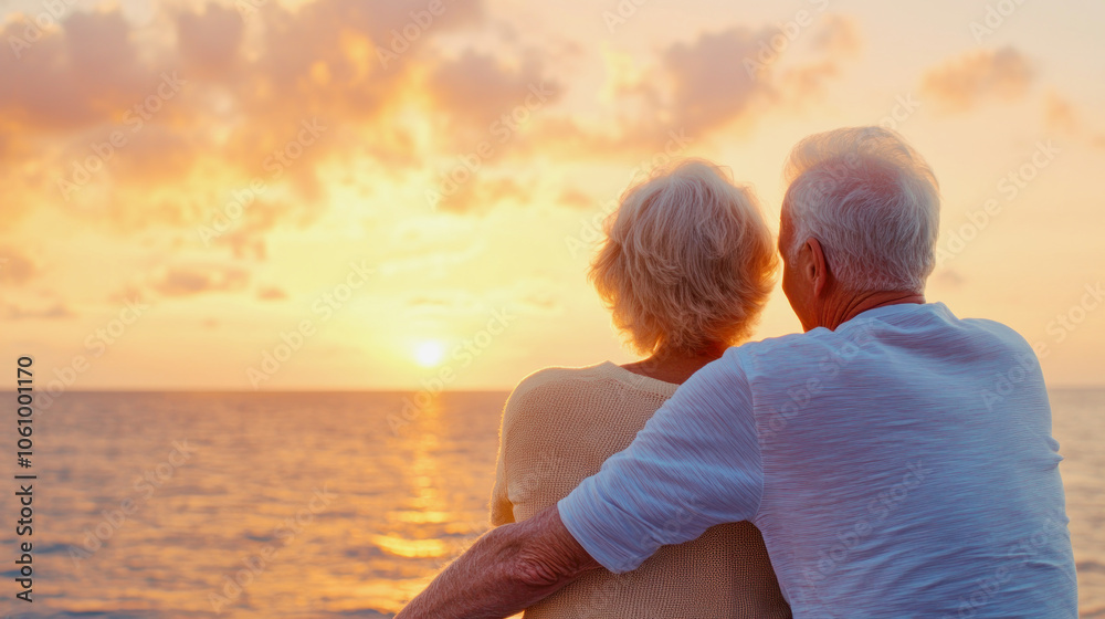 Fototapeta premium Couple enjoying a romantic sunset together on a beach during retirement holiday. Generative AI