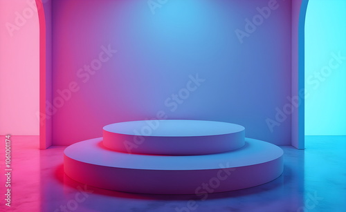 A pastel circular podium with vibrant pink and blue gradient tones,illuminated by soft,diffused light. Clean, modern aesthetic, vibrant colors, and minimalistic design, scene for products.