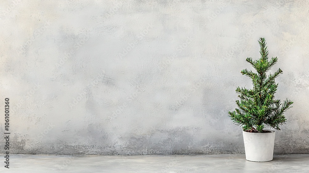 A potted plant rests against a cement wall and sits on a concrete floor A potted plant rests against a cement wall and sits on a concrete floor
