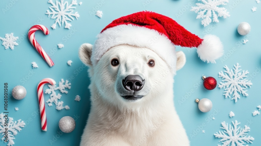Polar Bear in a Santa Hat with Christmas Decorations