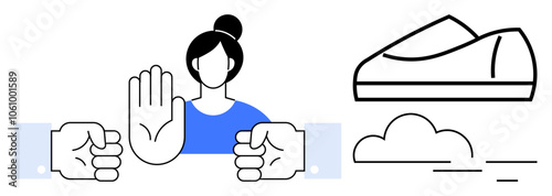 Woman raising hand to stop two clenched fists from fighting, with tranquil shoe and cloud to the side. Ideal for conflict resolution, peace promotion, workplace harmony, anti-violence campaigns