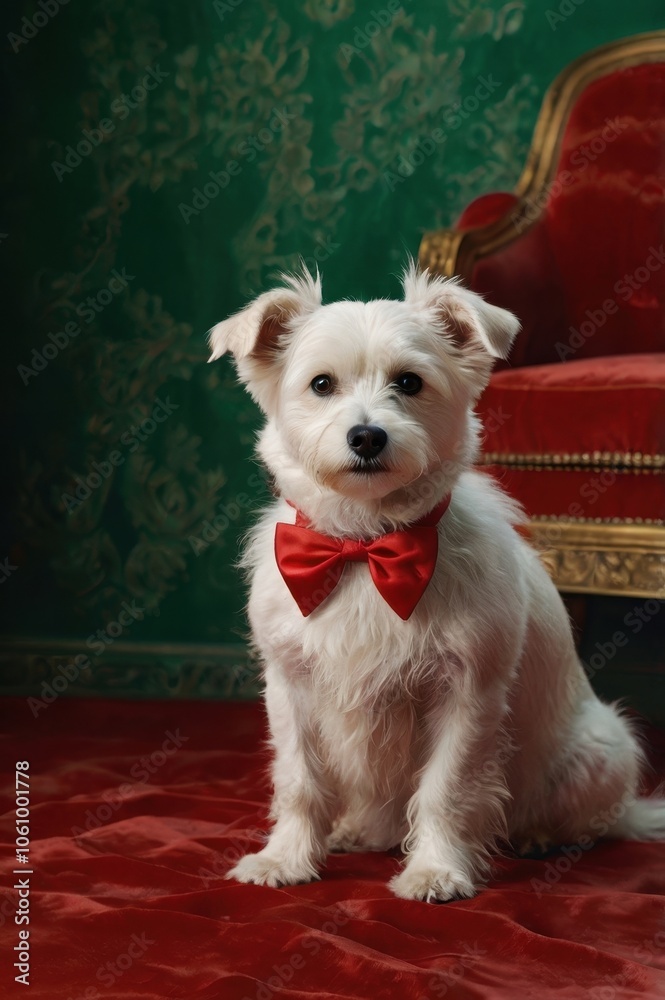 Small White Dog with Red Bow Tie on Velvet Background Small White Dog with Red Bow Tie on Velvet Background