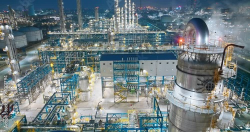 Industrial buildings of petrochemical plant in industrial area during blue hour