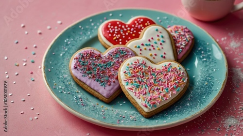 A detailed view of heart-shaped cookies decorated with colorful icing and sprinkles, showcasing a delightful array of designs perfect for celebrations and special occasions photo