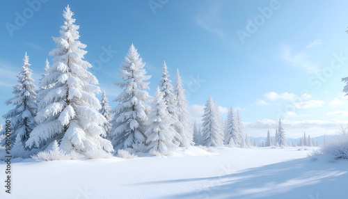 A picturesque winter landscape featuring pristine snow and grand fir trees draped in soft frost. A timeless postcard view beneath a clear blue sky, illuminated by a radiant sun. photo