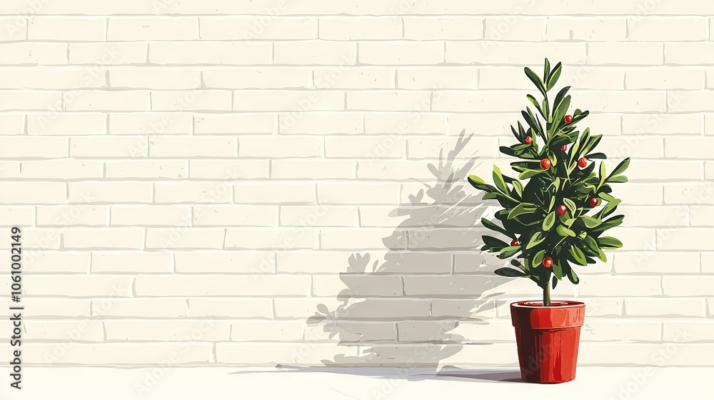 A potted plant in front of a white brick wall, casting a shadow to the side A potted plant in front of a white brick wall, casting a shadow to the side