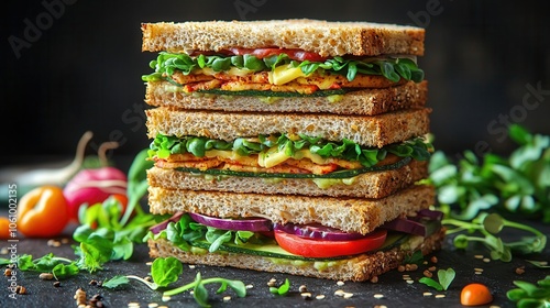 Sandwich menu, stacked sandwiches and fresh veggies, 3D illustration photo