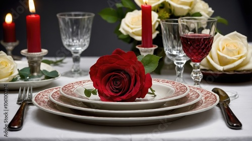 A closeup of a decorative table setting for a festive dinner, featuring elegant plates, vibrant centerpieces, and intricate details that create a warm and inviting atmosphere for guests photo