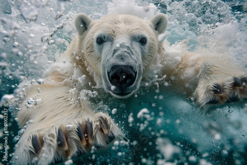 Polar bear attacking underwater with full paw blow details