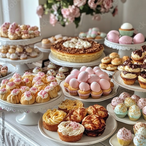 A delicious spread for an Easter celebration!  Enjoy traditional treats like cross buns, cheesecake, and chocolate eggs, along with breakfast favorites like pancakes and cupcakes. photo